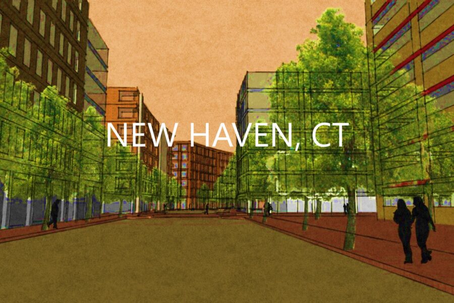 An artist's rendering of proposed transportation and streetscaping changes to Meadow Street in the Hill-to-Downtown district of New Haven, CT